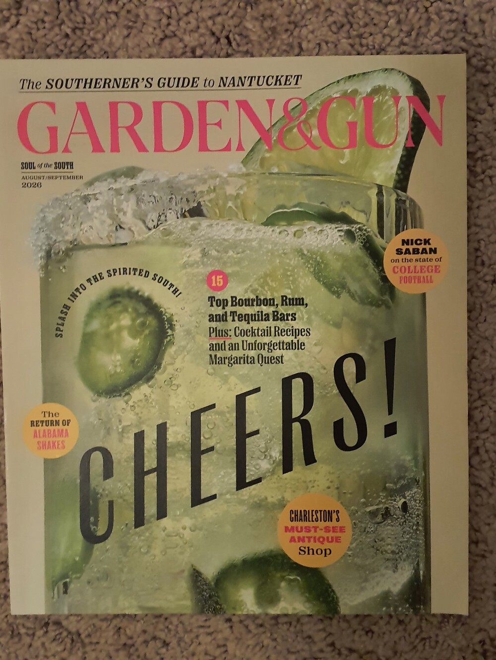 Garden & Gun Magazine Aug/Sep 2026 Nantucket Cheers Cocktails Nick Saban Illus
